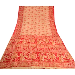 Sanskriti Vintage Sarees Cream Human Printed Pure Silk Sari Soft Craft Fabric, PR-63896