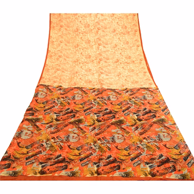 sanskriti vintage sarees beige from india pure silk printed sari craft fabric, pr-61815