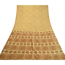 Sanskriti Vintage Sarees Shades Of Cream Printed Pure Silk Sari 5Yd Craft Fabric, PR-63915