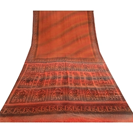 Sanskriti Vintage Sarees Saffron Baluchari Printed Pure Silk Sari Craft Fabric, PR-61330