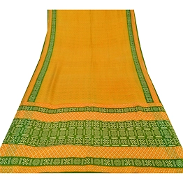 Sanskriti Vintage Yellow Sarees 100% Pure Silk Printed Fabric Craft 5 Yard Sari, PR-52430