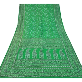 Sanskriti Vintage Green Sarees 100% Pure Silk Floral Printed Sari Craft Fabric, PR-54660