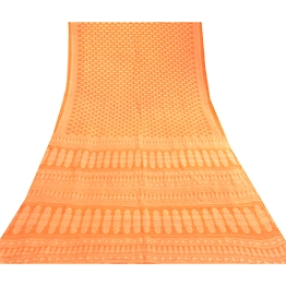 Sanskriti Vintage Sarees Saffron Block Printed Pure Silk Sari 5Yd Craft Fabric, PR-62310
