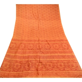 Sanskriti Vintage Saffron Indian Sarees Pure Silk Printed Sari Soft Craft Fabric, PR-59528