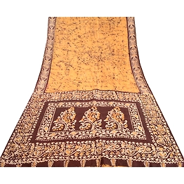Sanskriti Vintage Sarees Indian Yellow Batik Printed Pure Silk Sari Craft Fabric, PR-61903