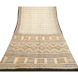 Sanskriti Vintage Sarees From India Ivory Pure Silk Printed Sari Craft Fabric, PR-61983