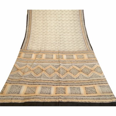 sanskriti vintage sarees from india ivory pure silk printed sari craft fabric, pr-61983