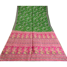 Sanskriti Vintage Sarees Green 100% Pure Silk Printed Sari Floral Craft Fabric, PR-64059
