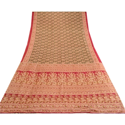Sanskriti Vintage Sarees Indian Black Printed Pure Silk Sari Floral Craft Fabric, PR-64066