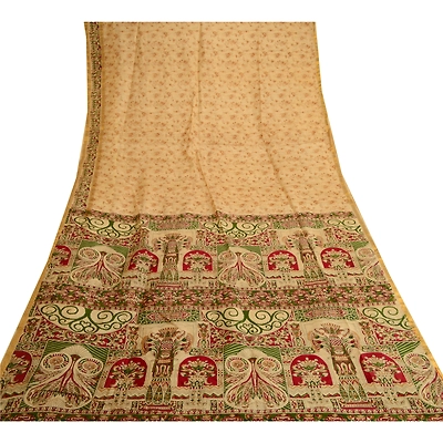 Sanskriti Vintage Brown Sarees Pure Silk Printed Zari Border Sari Craft Fabric, PR-57843