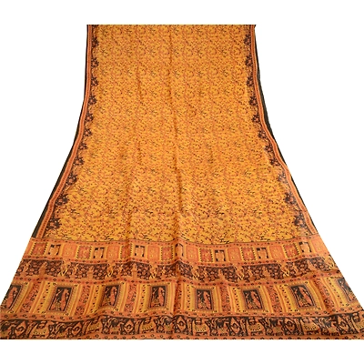 Sanskriti Vintage Sarees Saffron Human Animal Pure Silk Print Sari Craft Fabric, PR-62758