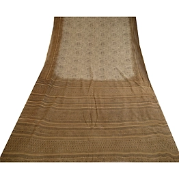 Sanskriti Vintage Sarees From India Cream Printed Pure Silk Sari Craft Fabric, PR-62611