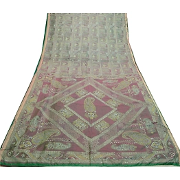 Sanskriti Vintage Sarees From India Green Printed Pure Silk Sari Craft Fabric, PR-64214