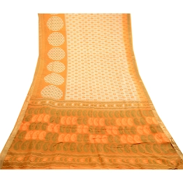 Sanskriti Vintage Ivory Sarees Pure Silk Printed Zari Border Sari Craft Fabric, PR-59225