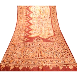 Sanskriti Vintage Sarees Brown Batik Peacock Printed Pure Silk Sari Craft Fabric, PR-62551