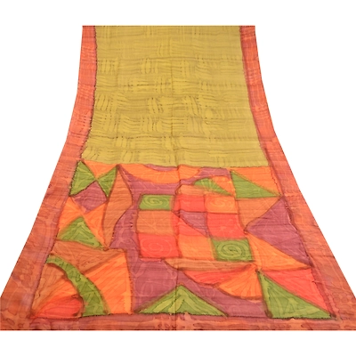 Sanskriti Vintage Sarees Green 100% Pure Silk Printed Sari Soft 5Yd Craft Fabric, PR-62465