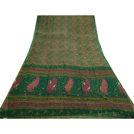 Sanskriti Vintage Sarees Green Pure Chiffon Silk Printed Sari Soft Craft Fabric, PR-64286