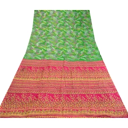 Sanskriti Vintage Sarees Indian Green 100% Pure Silk Printed Sari Craft Fabric, PR-64030