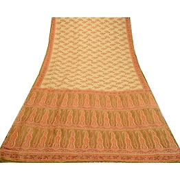 Sanskriti Vintage Sarees Shades Of Cream Pure Silk Printed Sari 5Yd Craft Fabric, PR-64372