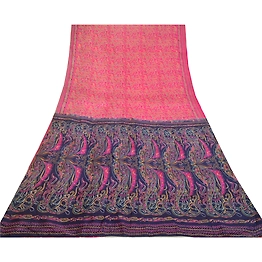 Sanskriti Vintage Sarees From India Pink-Blue Printed Pure Silk Sari 5Yd Fabric, PR-64418