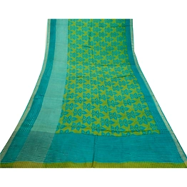 Sanskriti Vintage Sarees Indian Green Printed 100% Pure Silk Sari Craft Fabric, PR-64156