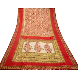 Sanskriti Vintage Sarees Indian Red & Green Block Printed Pure Silk Sari Fabric, PR-64451