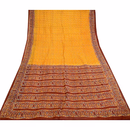 sanskriti vintage yellow printed indian sarees pure silk sari 5yd craft fabric, pr-60137