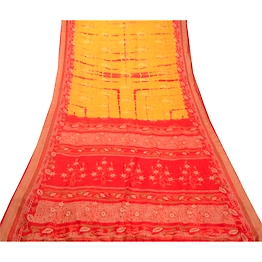 Sanskriti Vintage Sarees Yellow & Red Tie-Dye 100% Pure Silk Printed Sari Fabric, PR-64482
