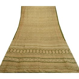 Sanskriti Vintage Sarees Green Indian Printed 100% Pure Silk Sari Craft Fabric, PR-64499