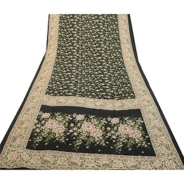 Sanskriti Vintage Sarees Black From India Pure Silk Printed Sari Craft Fabric, PR-64514