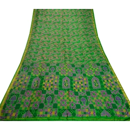 Sanskriti Vintage Sarees Green Zari Border Pure Silk Printed Sari Craft Fabric, PR-64547