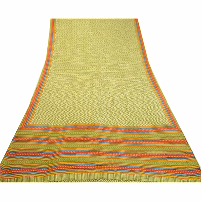 sanskriti vintage sarees green geometric printed pure silk sari 5yd craft fabric, pr-64571