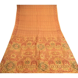Sanskriti Vintage Mustard Indian Pure Silk Sarees Printed Sari 5Yd Craft Fabric, PR-57159