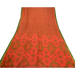 Sanskriti Vintage Sarees Red Bandhani Printed 100% Pure Silk Sari Craft Fabric, PR-64607