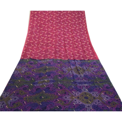 Sanskriti Vintage Sarees Pink & Blue Pure Silk Printed Woven Sari Craft Fabric, PR-64587
