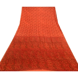 Sanskriti Vintage Sarees From India Saffron Pure Silk Printed Sari Craft Fabric, PR-64598