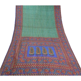 Sanskriti Vintage Green Sarees 100% Pure Silk Printed Sari Soft 5Yd Craft Fabric, PR-56237