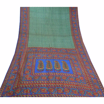 sanskriti vintage green sarees 100% pure silk printed sari soft 5yd craft fabric, pr-56237