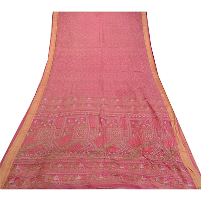 Sanskriti Vintage Sarees Blush-Pink Pure Silk Printed Sari Soft 5Yd Craft Fabric, PR-64620