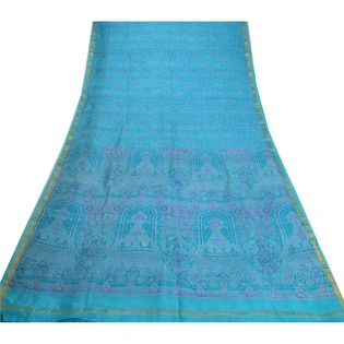 Sanskriti Vintage Sarees Blue Zari Border Pure Silk Printed Sari Craft Fabric, PR-64621