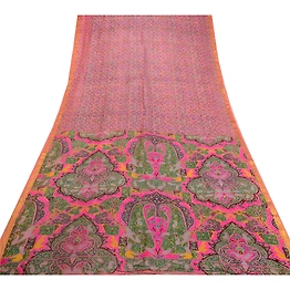 Sanskriti Vintage Sarees Pink Zari Border Pure Silk Printed Sari Craft Fabric, PR-64611