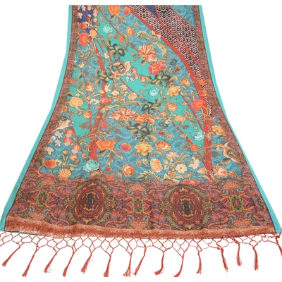 Sanskriti Vintage Sarees Indian Blue Printed Artificial Silk Sari Craft Fabric, PR-64634