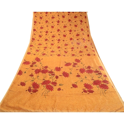 Sanskriti Vintage Sarees Salted Caramel Pure Silk Printed Sari Soft Craft Fabric, PR-63154