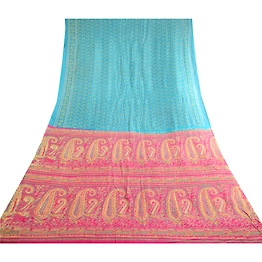 Sanskriti Vintage Sarees Blue Pure Silk Sari Printed Floral Soft Craft Fabric, PR-62835