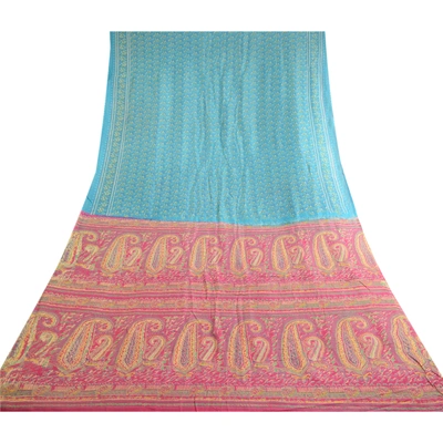 Sanskriti Vintage Sarees Blue Pure Silk Sari Printed Floral Soft Craft Fabric, PR-62835