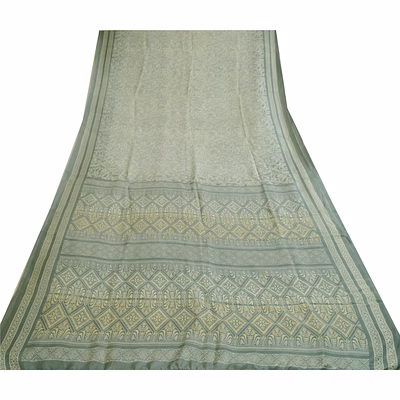sanskriti vintage sarees from indian gray printed pure silk sari craft fabric, pr-64681
