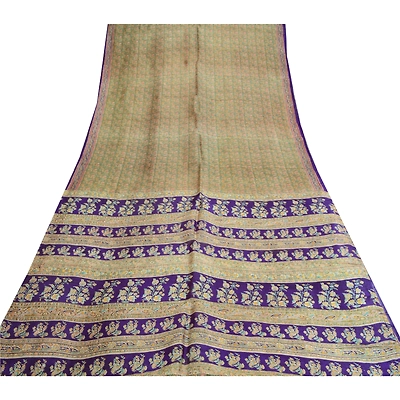 Sanskriti Vintage Sarees Indian Green & Purple Pure Silk Printed Sari 5Yd Fabric, PR-64704
