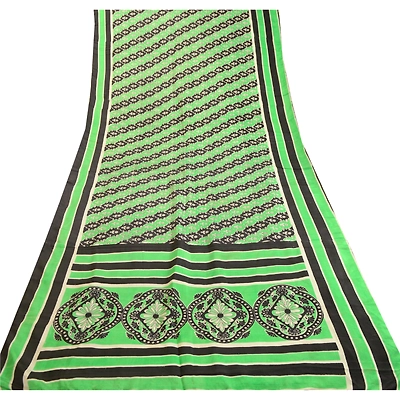 Sanskriti Vintage Sarees From India Green/Black Pure Silk Printed Sari Fabric, PR-63410