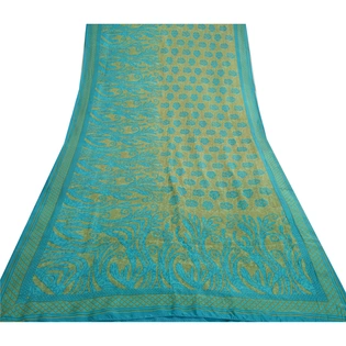 Sanskriti Vintage Sarees Indian Blue & Green Pure Silk Printed Sari Craft Fabric, PR-64717