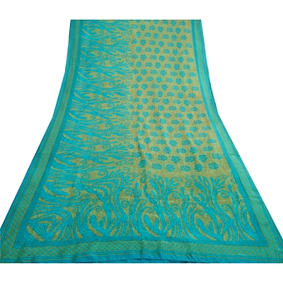 Sanskriti Vintage Sarees Indian Blue & Green Pure Silk Printed Sari Craft Fabric, PR-64717